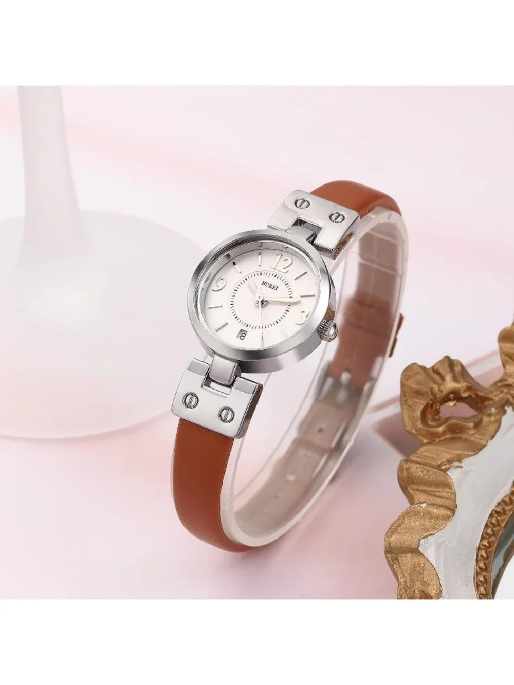 Women's Gold Brown Blue Elegant Dial with Leather Strap Minimalist Wrist Watch